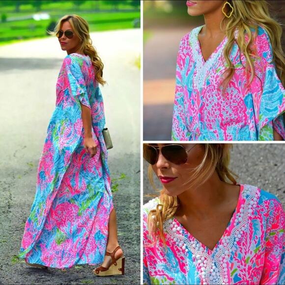 Lilly Pulitzer Coleman Caftan Let’s Cha Cha Size Small Pink Beaded Maxi RARE - Picture 1 of 13